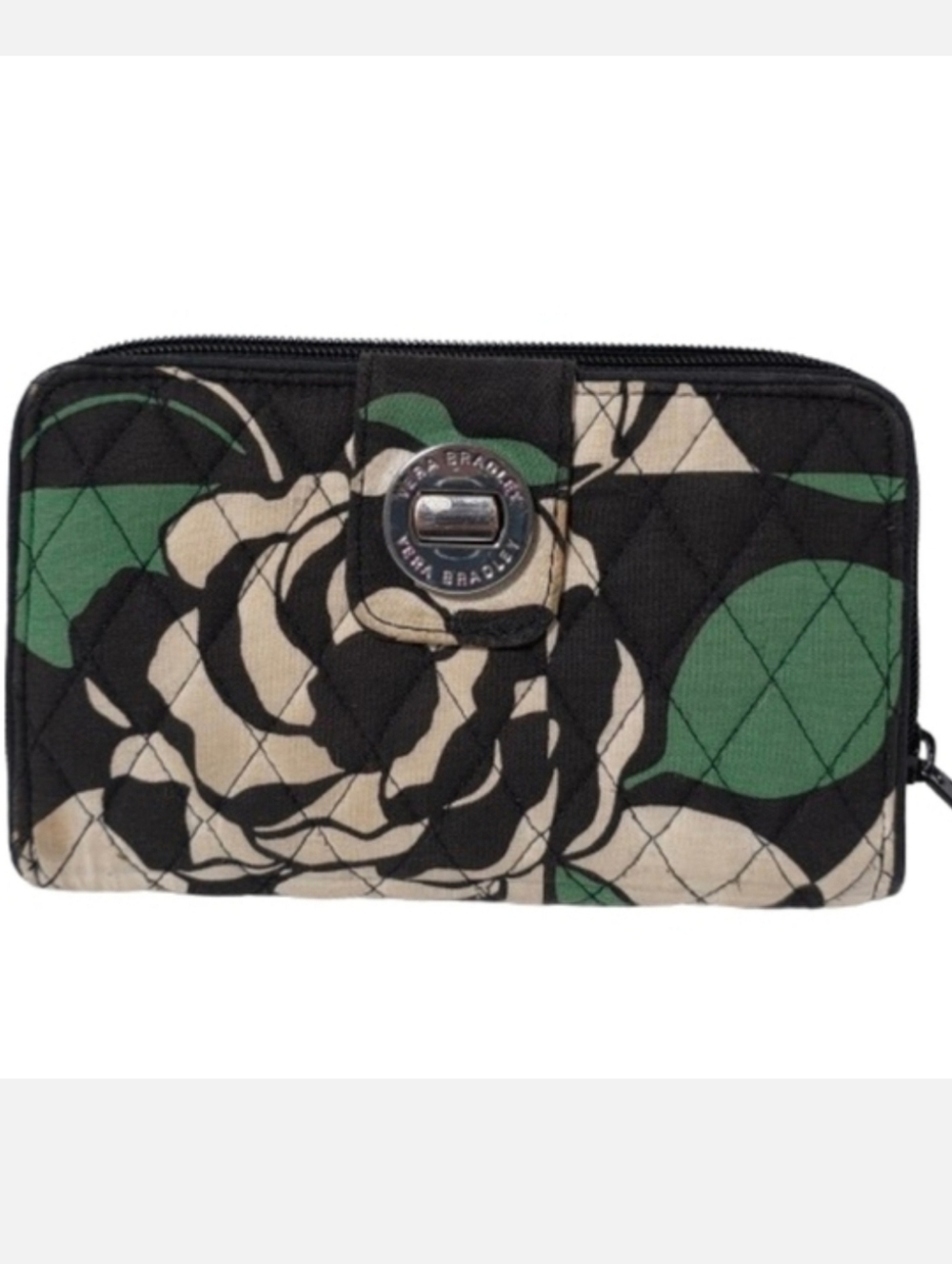 Vera Bradley Turn Lock Wallet Imperial Rose Black and Green Floral Print